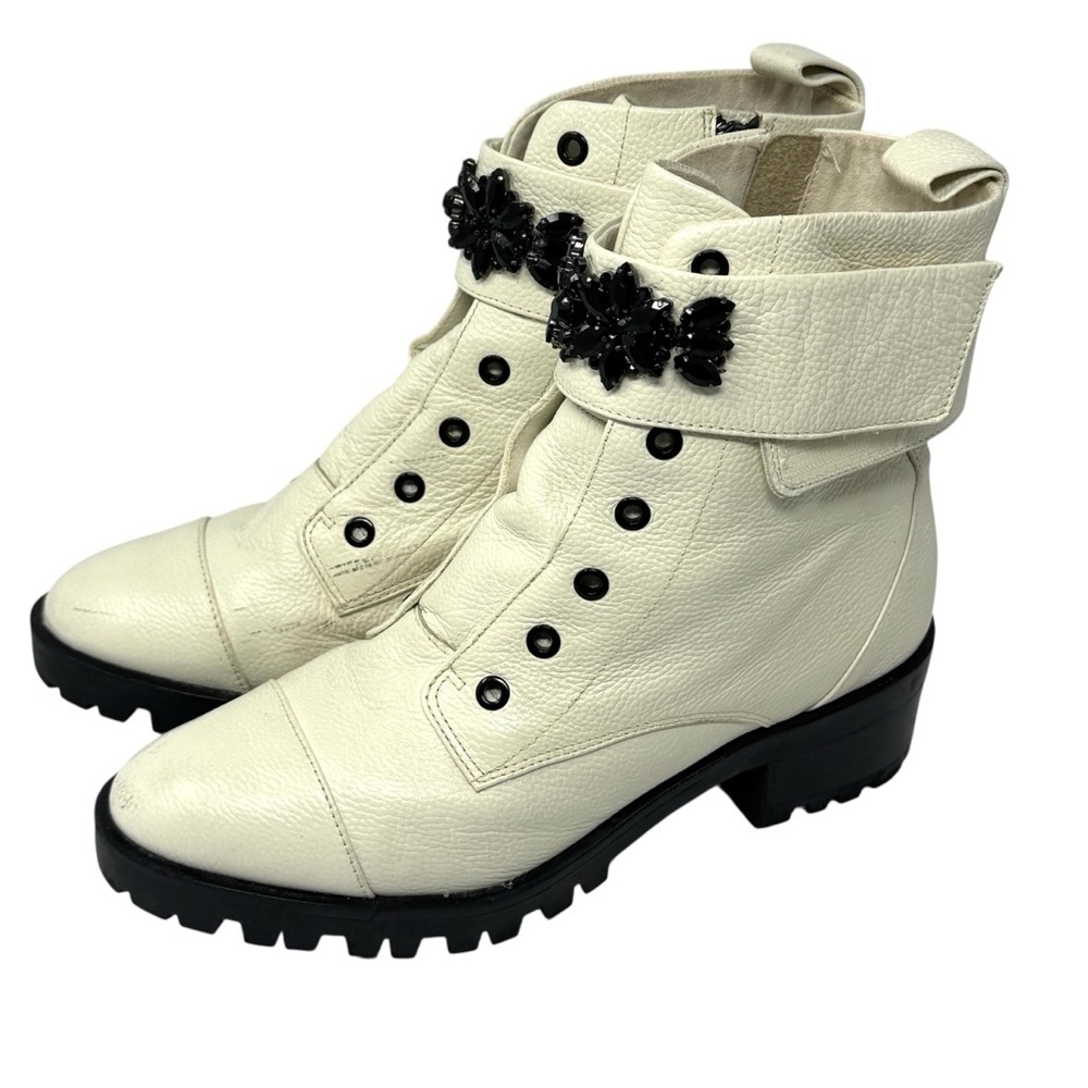 Karl Lagerfeld Pippa Cream Leather Lug Sole Ankle Boots Rhinestone Strap 9.5